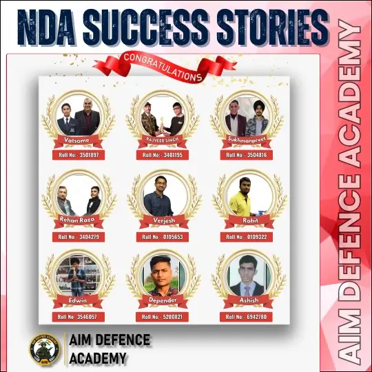 NDA achievers from AIM Defence Academy – Vatsamo, Rajveer Singh, Sukhmanpreet, Rehan Raza, Verjesh, Rohit, Edwin, Depender, Ashish.
