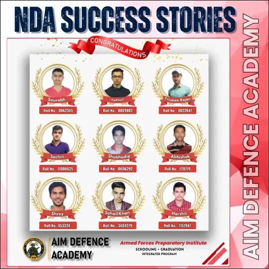 NDA achievers from AIM Defence Academy – Saurabh, Harshit, Tripuran Rajan, Sachin, Shubhodip, Abhishek, Shrey, Sohail Khan, Harshit with Roll Numbers.