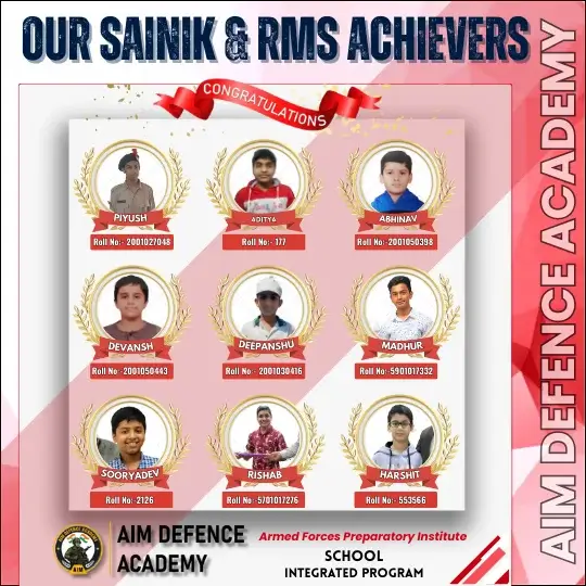 AIM Defence Academy Sainik & RMS Achievers 2025 – Piyush, Aditya, Abhinav, Devansh, Deepanshu, Madhur, Sooryadev, Rishab, Harshit